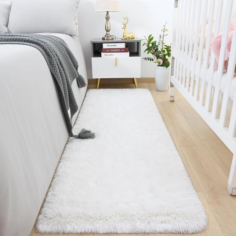 HOMORE 2x6 Runner Rugs for Bedroom, White Runner Rug for Hallway Entryway Laundry, Modern Shag Bedroom Runner Cute Carpets for Kids Dorm Bedside, Ivory - Image 1